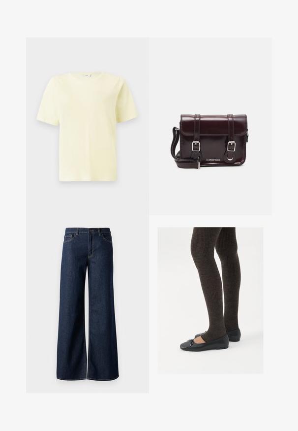Kortermet, rundhalset ensfarget lysegul unisex T-skjorte, vist på hvit bakgrunn.; Vide benbukser i mørkeblå denim. Har kontrastsøm, fem lommer og en knaplukning i taljen. Glat tekstur.; Sorte flate sko med en liten sløyfedetalj på tåen, kombinert med mørkebrune ribbede strømpebukser. Skoene har en glatt overflate og lav profil.; Burgunderfarget patentlær crossover-veske med rektangulær form, to stropper, sølvfarget hardware og klaffelukking.