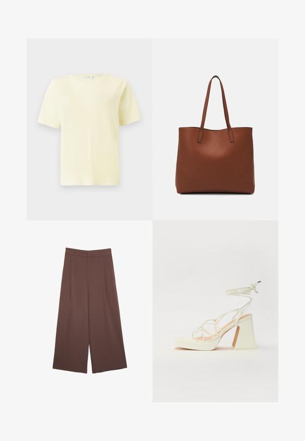 Polo majica kratkih rukava, klasičnog izreza, jednostavna svijetložuta uniseks majica, prikazana na bijeloj pozadini.; Smeđe hlače širokog kroja s glatkom teksturom, koje imaju visok struk i nabore sprijeda. Tkanina je lagana i slobodno se kreće.; Bijela sandala na visokoj potpetici s debelim petom, s remenom i vezanjem oko gležnja. Glatka tekstura s platformom sprijeda za dodatnu visinu.; Smeđa kožna torba preko ramena s glatkom teksturom, otvorenim vrhom i dvjema naramenicama. Ima minimalne šavove i nema vidljivog hardvera.