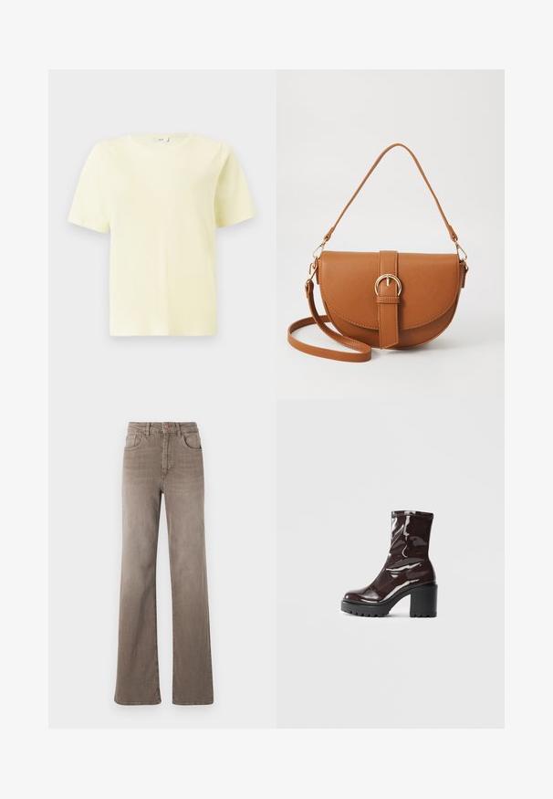 Short-sleeve, crew neck plain light yellow unisex T-shirt, displayed on a white background.; Brown high-waist straight-leg jeans with front button, belt loops, and classic five-pocket design on a white background.; Glossy burgundy ankle boot with a chunky black heel, featuring a smooth texture and simple design. No visible fastenings or patterns.; Brown leather crossbody bag with a curved shape, gold hardware, and a buckle accent. Features a detachable shoulder strap.