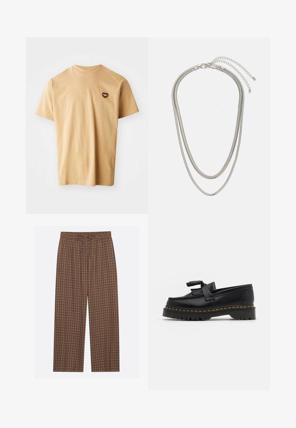 Beige bomulds t-shirt med korte ærmer, rund halsudskæring og et lille brunt hjerte-logo på venstre brystområde. Glat tekstur, afslappet design.; Brune ternede bukser med elastisk talje og snor. Mønsteret har blå og mørkebrun firkanter, letvægtsstof, vidde ben-design.; Sort læderloafer med en frynsedetalje, der har en kraftig sort sål og gul syninger langs kanten. Teksturert overflade.; Tre-lags sølvmetal halskæde med slanke, flexible kæder med en let glans, sikret med en hummerlås og justerbar kæde.