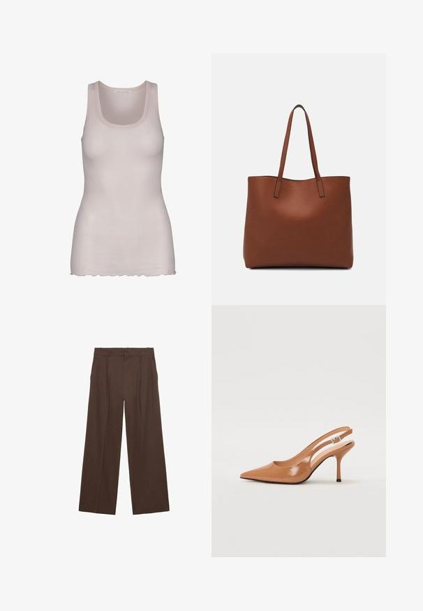 Svetle růžové tílko vyrobené z hladké tkaniny. Má výstřih do véčka, široká ramínka a mírně zvlněný lem.; Hnědé kalhoty s širokými nohavicemi vyrobené z hladkého materiálu, se zvýšeným pasem, přehyby vpředu a dvěma bočními kapsami.; Sandy poprsko s úzkým podpatkem v hladkém, lesklém odstínu tan. Obsahuje zakřivený design s výřezem a štíhlý jehlový podpatek. Detail se stříbrnou sponou.; Hnědá kožená taška přes rameno s hladkou texturou, otevřeným designem a dvěma ramenními popruhy. Obsahuje minimální švy a žádné viditelné kovové prvky.