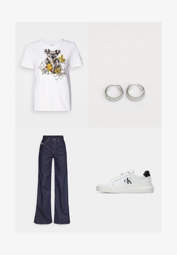 White cotton t-shirt featuring a koala graphic in glasses and accessories, surrounded by illustrated leaves and flowers in muted colors.; Dark blue wide-leg jeans in denim fabric with a high waist, featuring orange stitching, five-pocket design, and a button closure.; White low-top sneaker with black heel tab, platform sole, laces, and Calvin Klein "CK" logo on the side.; Silver hoop earrings with a textured design featuring vertical ridges. Circular shape with a secure latch closure. Smooth finish.