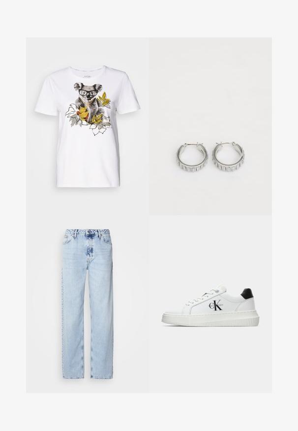 Weißes Baumwoll-T-Shirt mit einem Koala-Motiv, der Brille und Accessoires trägt, umgeben von illustrierten Blättern und Blumen in gedämpften Farben.; Helle blaue Schlagjeans aus Denim, mit hoher Taille, verblasster Waschung und dezentem Batikmuster an der Vorderseite.; Weiße Low-Top-Sneaker mit schwarzem Fersenpatch, Plateau-Sohle, Schnürsenkeln und Calvin Klein "CK"-Logo an der Seite.; Silberne Creolen mit texturiertem Design und vertikalen Rillen. Kreisförmige Form mit sicherem Verschluss. Glatte Oberfläche.