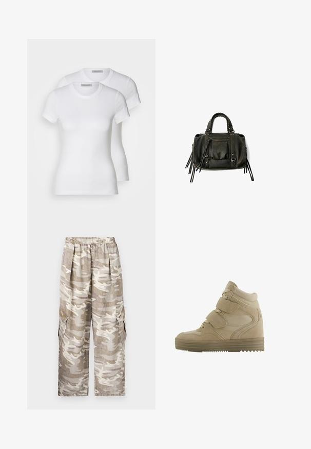 Twee witte katoenen t-shirts met korte mouwen, ronde halslijnen en een getailleerd silhouet, met een zachte textuur en minimalistisch ontwerp.; Camo cargobroek in beige en gebroken wit. Kenmerken zijn een elastische taille, brede pijpen, twee zijcargo pockets en een textuurstof.; Beige hoge sneakers met een ontwerp van suède en mesh, verstelbare klittenbandsluitingen en een dikke rubberen zool met een zigzagpatroon.; Zwarte lederen handtas met gevlochten handvatten, ritsvak en hangende franjes. Gelaagde oppervlakte met metalen studs en hardwareaccenten.