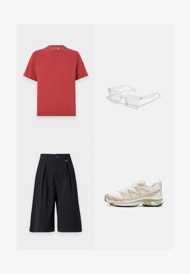 Punainen puuvillainen T-paita, jossa on pyöreä kaula-aukko ja lyhyet hihat. Paita on pehmeästä kankaasta ja rentoa mallista. Ei näkyviä kuvioita tai metalliosia.; Mustat pinstripe-shortsit, joissa on plektit, nappikiinnitys ja metallirenkaalla varustettu yksityiskohta. Sujuva kangas, jossa on muotoiltu istuvuus ja polven pituisen muotoilu.; Valkoinen urheilujalkine, jossa on hengittävä verkkopinta beigeillä yksityiskohdilla, pehmustettu välikenna ja teksturoitu kumipohja pidon takaamiseksi.; Läpinäkyvät suorakulmaiset aurinkolasit paksulla muovikehyksellä, joissa on hieman tummennetut linssit eikä lisäkuvioita tai koristeita.