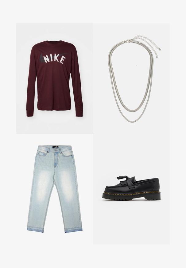 Nike Performance TEE - Ilgarankovis viršutinės dalies drabužis - burgundy crush; Pegador BARROW - Laisvi džinsai - sand washed blue; Juodas odinis loaferis su kutais, turintis masyvų juodą pado ir geltonus siūlus palei kraštą. Textūruota danga.; Trijų sluoksnių sidabrinė metalinė apyrankė, kuri pasižymi stilingomis, lankstosiomis grandinėlėmis su švelniu blizgesiu, užsegama krabų užsegimu ir reguliuojama grandinė.