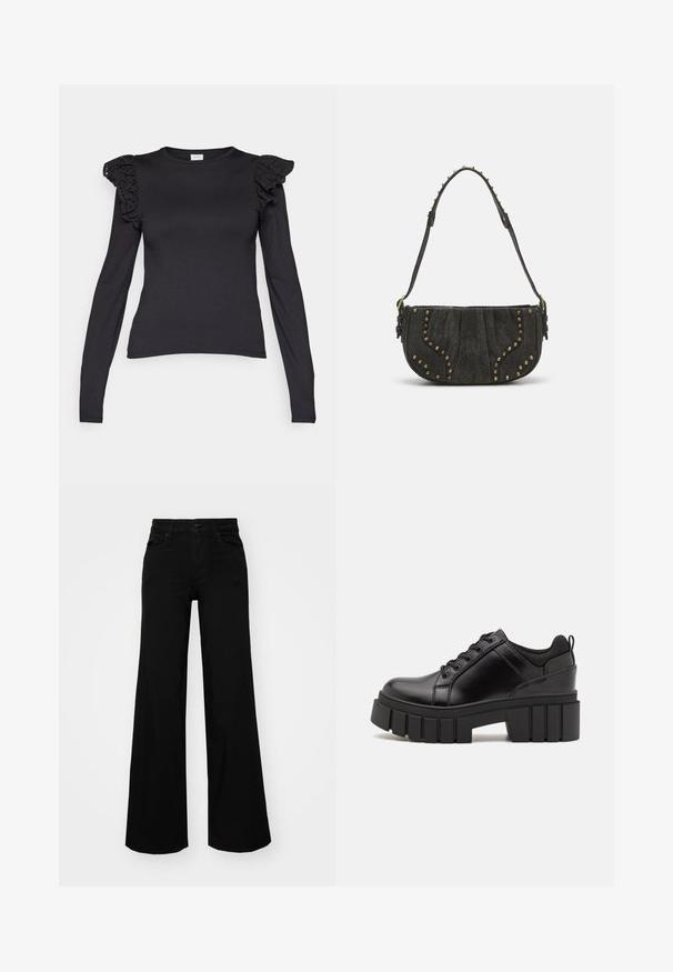 Black long-sleeve t-shirt with lace ruffle accents on shoulders, made of soft fabric, featuring a round neckline and fitted design.; Black wide-leg pants made of denim, featuring a structured waistband, belt loops, and front pockets. Smooth texture with a classic design.; Black leather platform shoes with a chunky block heel, round toe, and traditional lace-up design. Features smooth texture and minimal detailing.; Black suede handbag with a curved design, featuring rivet accents and a textured surface. Adjustable strap with stud details along the edge.