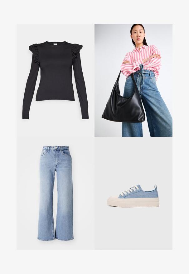 Svart langermet T-skjorte med blonderuledetaljer på skuldrene, laget av mykt stoff, med rund halslinning og tettsittende design.; Lyseblå høyt liv vide jeans med front- og baklommer, knappelukking og subtile falminger på lårene og kanten.; Lys blå canvastøfler med en kremfarget gummitupp og yttersåle, med hvite snørebånd og en løfteløkke på hælen.; Svart skinn skulderveske med en avslappet form og sømdetaljer. Modellen har på seg en rosa og hvit stripete skjorte med vide blå jeans.