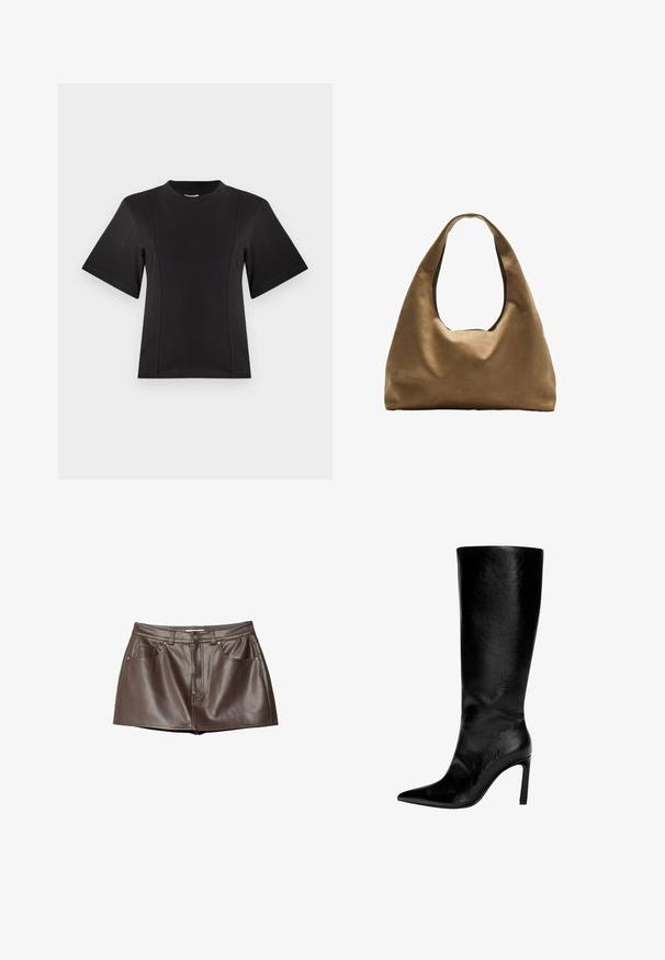 Crna majica kratkih rukava napravljena od mekog materijala. Ima okrugli izrez i kuteve šavova za opušteni kroj. Glatka tekstura bez uzoraka.; Mini suknja od smeđe kože s glatkom teksturom, petljama za pojas, prednjim džepovima i kopčanjem na dugme u struku.; Čizme od crne kože do koljena s šiljastim vrhom, visokim štiklama, glatkom finišom i jednostavnim, elegantnim dizajnom bez ukrasa.; Smeđa platnena torba za rame s širokim, zaobljenim tijelom i velikim izrezanim drškom. Mekana tekstura, minimalistički dizajn i bez vidljivog hardvera.