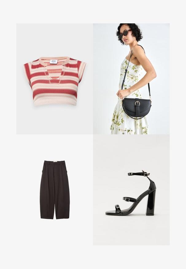 Prugasti kratki top u crvenoj i krem boji, s V-izrezom i kratkim rukavima. Izrađen od rebraste pletene tkanine s teksturiranim završetkom.; Crne široke hlače napravljene od glatke tkanine, s visokim strukom, prednjim nabranjima i bočnim džepovima. Jednostavan dizajn bez ukrasa.; Crne lakirane sandale na pete sa kvadratnim nosom, trakama oko gležnja i srebrnim kopčama. Imaju čvrst blok petu za stabilnost.; Crna kožna torba s lukovitim oblikom, odvojivim remenom i zlatnim detaljima. Torba ima preklop s kopčom.