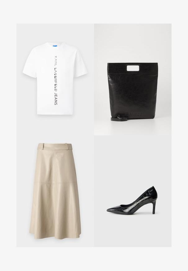 White short-sleeve t-shirt with vertical black text "KARL LAGERFELD JEANS" centered on the front.; Beige leather midi skirt with a smooth texture, wide waistband, and flared hem; features stitched seams for added detail.; Black pointed-toe high heels with a glossy finish and subtle textured pattern. Features a moderate heel and open throat design.; Black leather tote bag with a square handle, featuring a textured finish and embossed logo. Includes a detachable strap.