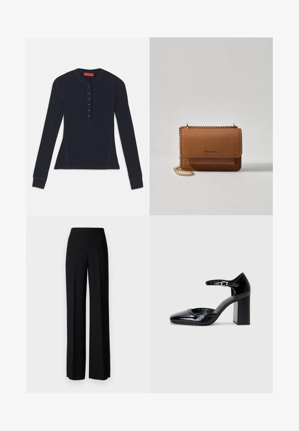 Hosszú ujjú sötétkék henley ing, puha anyagból készült, hat gombos gombolással és ribbelt mandzsettákkal.; Fekete, széles szárú nadrág sima tapintással, magas derékkal és középen pliszével. Nincsenek látható minták vagy fém részletek.; Fekete patent bőr, magas sarkú cipők négyzetes orral, bokapánttal és vastag sarkal. A szélén lyukacsos díszítéssel.; Barna textúrájú bőr keresztbody táska arany lánc pánttal és fedélzárral. Az elején logó részlet és egy zseb található a fedél alatt.