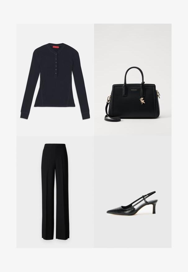 Pikad varrukad tumesinine henley särgi, mis on valmistatud pehmest kangast, kuue nupuga nööppliiatsi ja soonikkudumisega mansettidega.; Mustad laiad püksid mustas värvitoonis, sujuva tekstuuri ja kõrge vöökoha ning keskmiste voldikutega. Ilma nähtavate mustrite või tarvikute detailideta.; Mustmust paelad, millel on terav varvas, tekstuuriga maduprindiga, reguleeritav rihm ja lühike tekstuuriga plokknina.; Musta nahast käekott struktureeritud disainiga, kahekordsete ülemiste käepidemetega, eemaldatav õlavööt, kuldne riistvara ja logotäht aktsent.