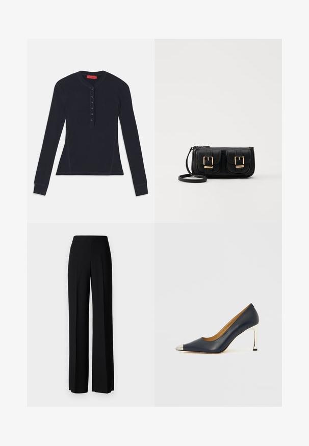 Dolga majica henley temno modre barve iz mehke tkanine, z gumbasto zapenjanjem s šestimi gumbi in rebrastimi manšetami.; Črne široke hlače z gladko teksturo, z visokim pasom in središnjimi pregibi. Brez vidnih vzorcev ali kovinskih detajlov.; Temno modra usnjena čevlja z visokim petom in koničastim prstom, opremljena s srebrnim kovinskim zaključkom in sijočim srebrnim šilo peto.; Črna usnjena torbica čez ramo z dvema sprednjima žepoma, zlatimi zaponkami, zadrgo in ozkim pasom. Tekstura površine je strukturirana, obliko pa ima kompaktno pravokotno.