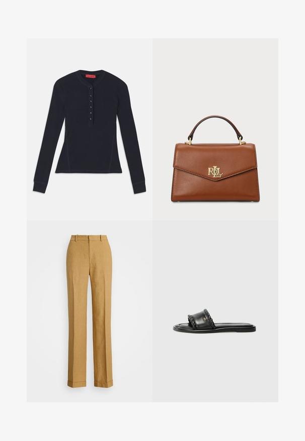 Long-sleeve navy henley shirt made from soft fabric, featuring a button placket with six buttons and ribbed cuffs.; Polo Ralph Lauren YARD LINEN FULL FLAT FRONT - Trousers - sand dune; Black leather sandal with a woven strap detail, flat sole, and a sleek design. Smooth texture and minimalistic profile.; Brown leather handbag with a structured design, a top handle, gold hardware, and a logo accent on the front. Smooth texture.