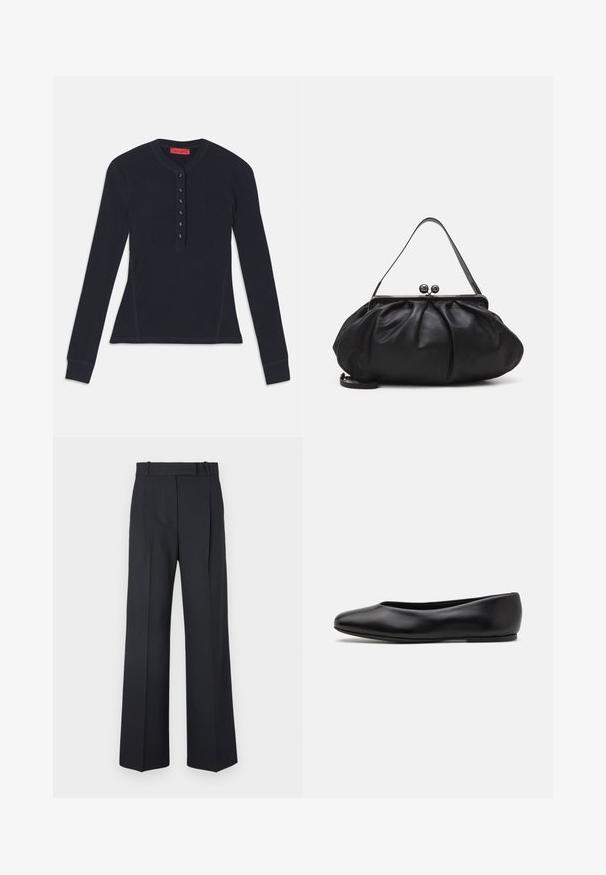 Granatowa koszula henley z długim rękawem, uszyta z miękkiego materiału, z zapięciem na guziki składającym się z sześciu guzików oraz prążkowanymi mankietami.; Ciemnoniebieskie spodnie w paski z wysokim stanem, szerokimi nogawkami i bez widocznych elementów metalowych lub ozdób. Gładka tekstura i dopasowany krój.; Paul Smith TOPANGA czarny; Czarna skórzana torebka o zaokrąglonym, plisowanym wzorze. Posiada metalowy zamek z dwoma dekoracyjnymi kulkami oraz smukły, odpinany pasek.