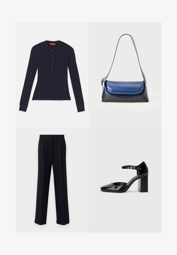 Pikad varrukad tumesinine henley särgi, mis on valmistatud pehmest kangast, kuue nupuga nööppliiatsi ja soonikkudumisega mansettidega.; Mustra mustriga tumeda värvusega püksid, millel on kohandatud lõige, varras ja ees olevad voldid. Valmistatud siledast kangast, millel on struktureeritud disain.; Mustad lakknahk kingad kõrge kontsaga, ruudukujulise varbaga, pahkluu rihmaga ja paksu kontsaga. Sisaldab perforatsioonidega detaile ääres.; Tumed nahkhandbag, millel on sile viimistlus, ümar kuju, volditud ülaosa ja üks õlavööd. Hõbedane riistvara aksessuaar kaasas.