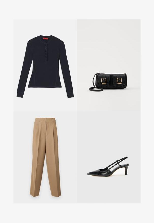 Langärmliges, navyblaues Henley-Shirt aus weichem Stoff, mit einer Knopfleiste mit sechs Knöpfen und Rippbündchen.; Beige maßgeschneiderte Hose mit hoher Taille, gefaltetem Vorderteil und weitem Bein. Der Stoff wirkt glatt mit einem leichten Glanz.; Schwarze Lack-Slingback-Pumps mit spitzem Zehenbereich, versehen mit strukturiertem Schlangenprint, verstellbarem Riemen und einem kurzen, strukturierten Blockabsatz.; Schwarze Leder-Umhängetasche mit zwei vorderen Taschen, goldenen Schnallen, Reißverschluss und einem schmalen Tragegurt. Texturierte Oberfläche und kompakte rechteckige Form.