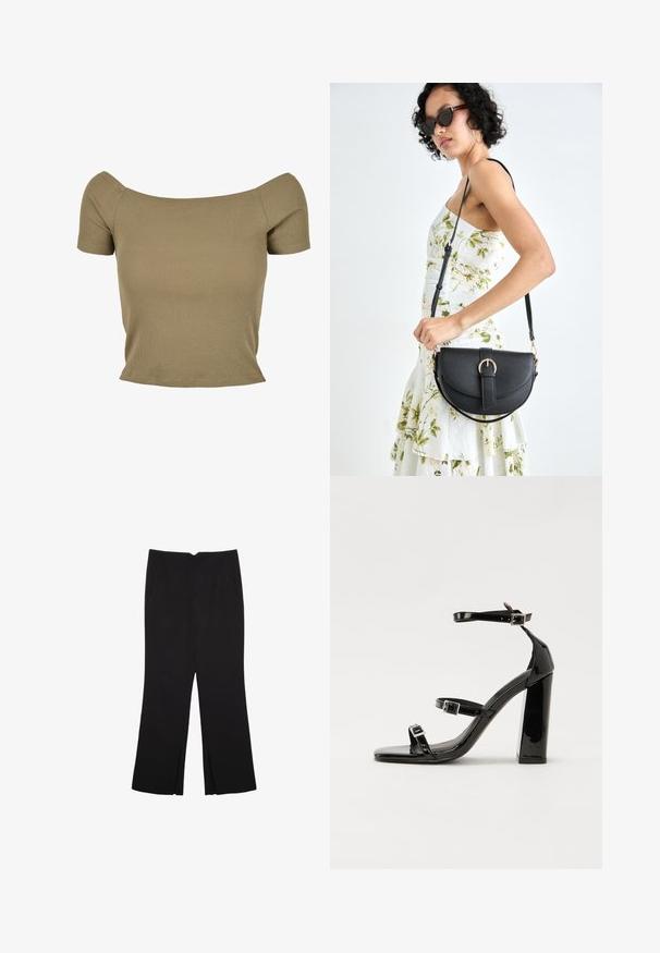 Maslena zelena kratka majica s rebrastim uzorkom i dizajnom bez ramena, koja ima prilagođen siluetu, s glatkom teksturom i urednim rubovima.; Črne hlače ravnega kroja z naglavnimi žepi in stranskimi razporki na robu. Narejene iz mehke, gladke tkanine. Primerne za različne priložnosti.; Črne lakaste sandale z visokimi petami, z dvema trakovoma z zaponkama, kvadratnim sprednjim delom in masivno širšo peto, z gladko, sijočo teksturo.; Črna usnjena torbica s ukrivljeno obliko, z odstranljivo naramnico in zlatimi dodatki. Torbica ima pokrov s podrobnostmi v obliki zaponke.