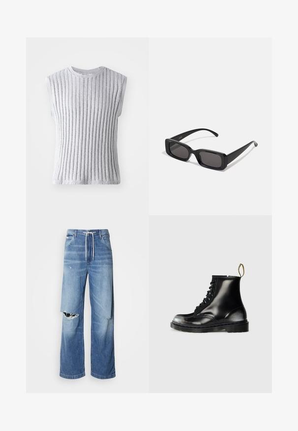 Miega bez piedurknēm pelēks tops ar vertikālu ribotu tekstūru, mīksta adīta auduma, apaļa apkakle un neapstrādātie gali pie apakšmalas un rokām.; Gai zils džinsu bikses ar brīvu piegriezumu, ar baltu auklu viduklī un izteiktām plīsumiem priekšā, parādot saplēstas malas.; Melnas ādas potītes zābaki ar spīdīgu apdari, astoņām acīm, melnām šņorcēm un cilpu aizvilkšanai. Izceļas ar rūpīgi struktūrētu zoli.; Melnas taisnstūrveida saulesbrilles ar tumšiem stikliem, spīdīga apdare, platas kājas un masīvs rāmja dizains. Uz vienas kājas ir iegravēts zīmola nosaukums.