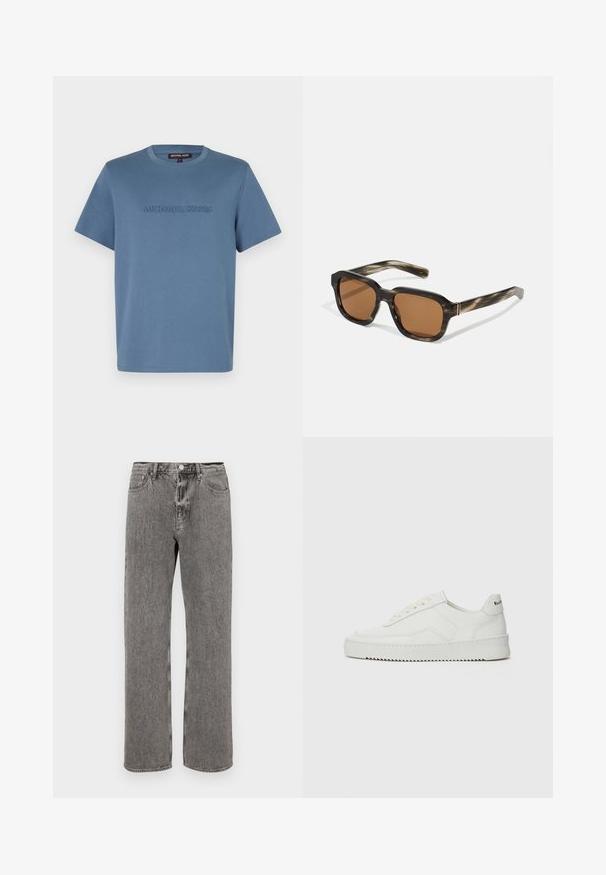 Svetlomodré bavlnené tričko s okrúhlym výstrihom a krátkymi rukávmi, s embosovaným nápisom "MICHAEL KORS" na prednej strane v rovnakej farbe.; Hnedé džínsové nohavice so strihom rovného strihu, dizajnom s piatimi vreckami a gombíkovým zapínaním v páse. Po celom obvode jemné vyblednutie.; Biele kožené tenisky s hladkým povrchom, okrúly špičkový dizajn, ploché šnúrky a textúrovaná podrážka. Obsahujú jemné logo na päte.; Plastové slnečné okuliare s korytnačím vzorom, octagonálne hnedé šošovky a tenké zlaté akcenty na ráme.