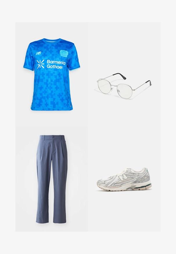 Blue sports jersey with digital cross pattern, New Balance logo, Bayer Leverkusen crest, and "Barmenia Gothaer" sponsor text on front.; Navy blue trousers with pleats, straight cut, made of lightweight fabric, featuring a single front button closure and belt loops.; Running shoe features a silver and white mesh upper with a green accent. The sole is chunky and textured, designed for cushioning and support.; Metal eyeglasses with an oval lens shape, featuring a thin silver frame and black temple tips. Clear lenses with adjustable nose pads.