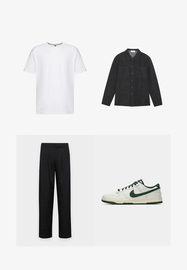 T-shirt en coton blanc à manches courtes, col rond et coupe décontractée. Sans motifs ni logos, texture lisse et longueur standard.; Chemise gris foncé en tissu texturé, avec un col pointu, une fermeture à boutons sur le devant et deux poches poitrine. Manches longues avec poignets à boutons.; Pantalons noirs en tissu lisse, avec une coupe droite, deux plis avant et une taille standard avec passants de ceinture.; Baskets basses blanches avec un swoosh Nike vert foncé, des lacets et des accents de semelle, présentées en profil sur un fond blanc uni.