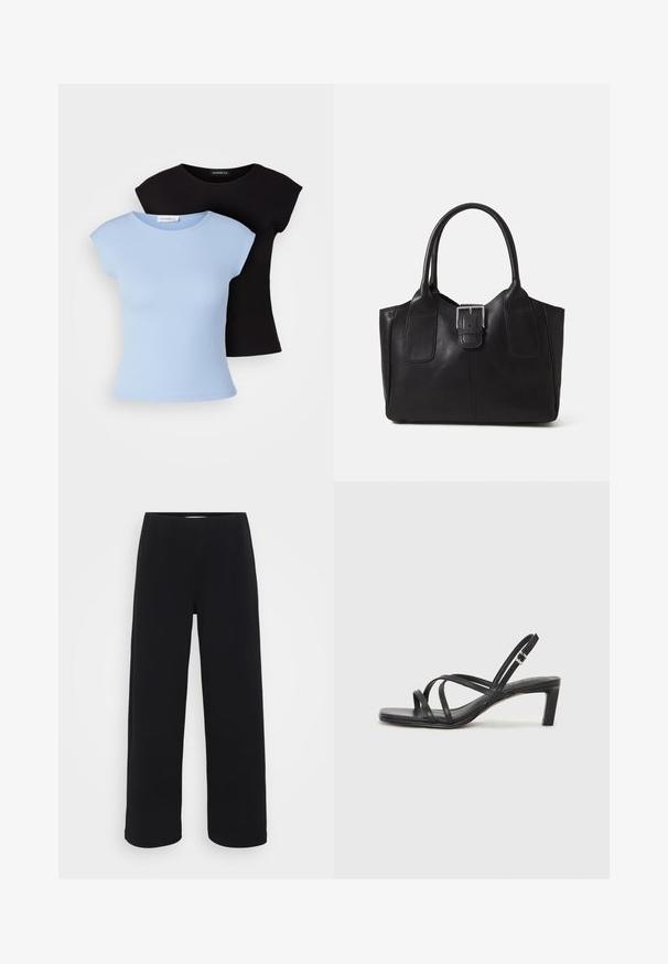 To t-skjorter som sitter godt: en lys blå og en svart. Begge har korte ermer, rund hals og strukturert tekstur. Merket er synlig.; Svart bukser med vid benvidde og elastisk midjebånd. Laget av et strukturert materiale, med en løs passform og rett snitt fra hoftene til sømmen.; Sorte sandaler med stropper, firkantet tå og lav blokk hæl. Har flere tynne stropper og en justerbar ankelstropp. Laget av glatt lær.; Svart skinn toteveske med jevn tekstur, strukturert form, to håndtak og en fremtredende sølvspenne foran.