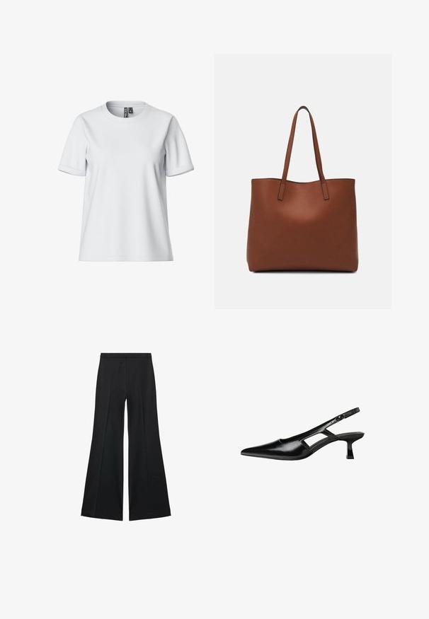 Hvid kortærmet T-shirt lavet af blødt stof, med rund halsudskæring og rullede ærmer, med et mærke synligt bagpå.; Sorte brede bukser med en glat tekstur, der har fremadrettede folder og en skræddersyet design. Stofferne er lette og flerdimensionelle.; Sorte patentlæder slingback hæle med spids tå, udskåret sideskærm og en lille firkantet hæl. Glat tekstur med minimale detaljer.; Brun læder tote taske med en glat overflade, åben topdesign og to skulderremme. Har minimal syning og ingen synlig hardware.
