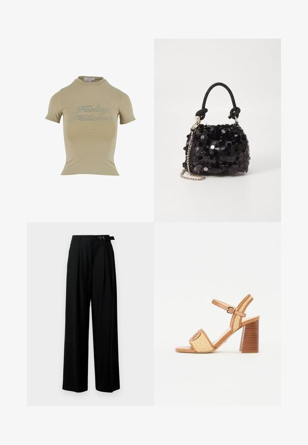 Khaki színű, rövid ujjú póló, magas nyakkal, amelyen fényes gyöngykő betűkkel olvasható a "Feeling Fabulous" felirat az elején. Simaságot árasztó anyag.; Fekete, bő szárú nadrág magas derékkal, elöl pliszírozva, és csattal ellátott övvel. Simább, könnyű anyagból készült.; Barna bőr és szőtt szalma magassarkú szandál, bokapánttal, nyitott orral és vastag, fára hasonlító sarokkal, vízszintes csíkokkal.; Fekete flitteres mini kézitáska csomózott textúrájú pánttal és ezüst lánccal. Lekerekített forma, ráncolt tetejével és fényvisszaverő részletekkel.