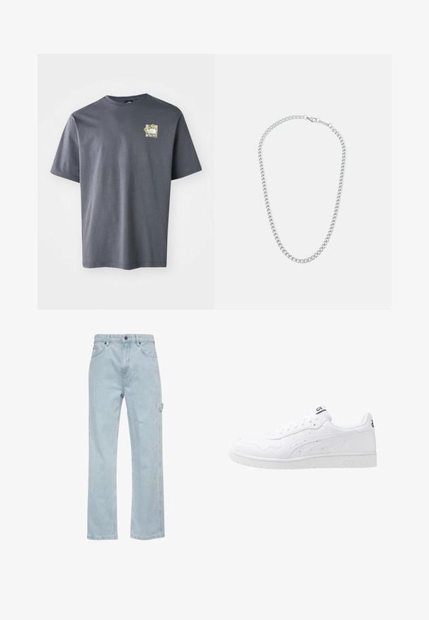 Harmaa lyhythihainen t-paita, joka on valmistettu puuvillasta ja jossa on pieni kukkakuva rinnassa. Pyöreä kaula-aukko, pehmeä rakenne ja rento istuvuus.; Vaaleansiniset farkut suoranlahkeisella muotoilulla, joissa on etu- ja takataskut sekä sivu cargo-tasku. Tasainen rakenne, rento tyyli.; Valkoiset nahkakengät, joissa on sileä pinta, lävistyksillä varustettuja yksityiskohtia ja teksturoitu vaimennusosa. Kengissä on logo kielellä ja sivuissa raidat.; Hopeaketju yhdistetyistä linkeistä, jossa on hopeanvärinen metallipinta ja turvallinen sulkemismekanismi. Tasainen pinta, sileä rakenne ja klassinen muotoilu.