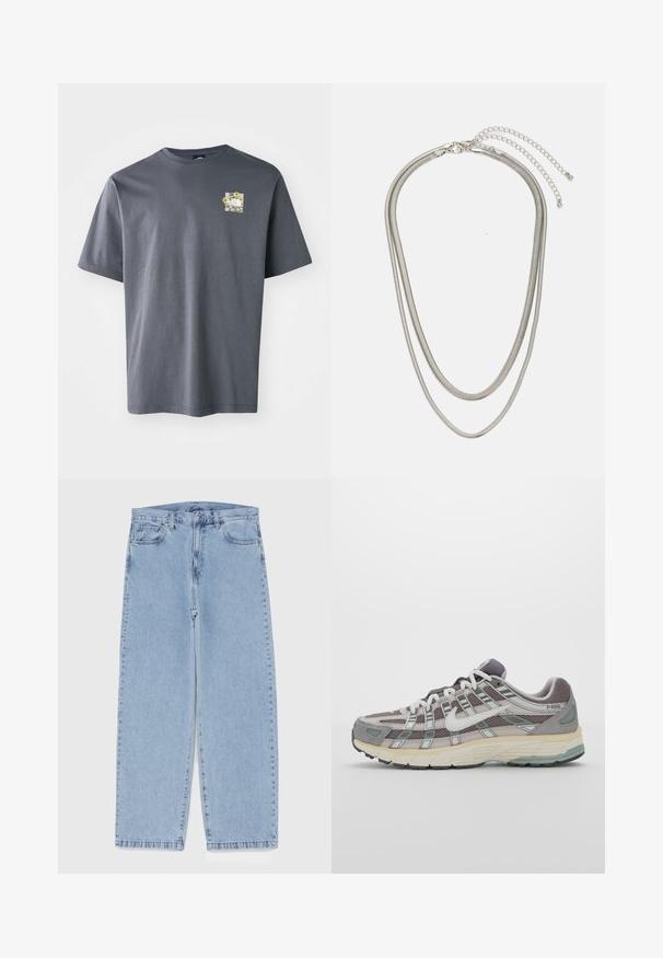 Siva majica s kratkim rukavima od pamuka s malim cvjetnim uzorkom na prsima. Dizajn s okruglim izrezom, mekana tekstura i opušteni kroj.; Svijetloplave traperice s ravnim nogavicama, sa srednjim strukom, pet džepova i zatvaranjem na dugme i patentni zatvarač.; Siva sportska tenisica s gornjim dijelom od mrežaste tkanine i zamshta, bijelim detaljima, amortizirajućom potplatom i prepoznatljivim dizajnom s refleksivnim elementima.; Necklace od tri sloja srebrnog metala s elegantnim, fleksibilnim lančićima blagog sjaja, zatvoren s karabinera i prilagodljivim lančićem.