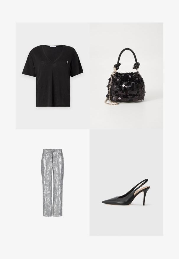 Melnas īsām piedurknēm t-krekls ar V veida kaklu. Izgatavots no mīksta auduma, ar nelielu izšūtu detaļu uz krūtīm. Vieglas tekstūras.; Sudraba izšūti bikses ar lapu rakstu, taisna kāju dizains un gluda, spīdīga tekstūra. Funkcionālas kabatas un pogu aizdare.; Melna ādas slingback augstpapēžu kurpe ar norādītu purngalu, gludu tekstūru un smalku siksniņu ar metalizētu sprādzi.; Melna spīguļota mini rokas soma ar mezglotu teksturētu siksniņu un sudraba ķēdi. Apaļa forma ar sakopotām malām un atstarojumu detaļām.