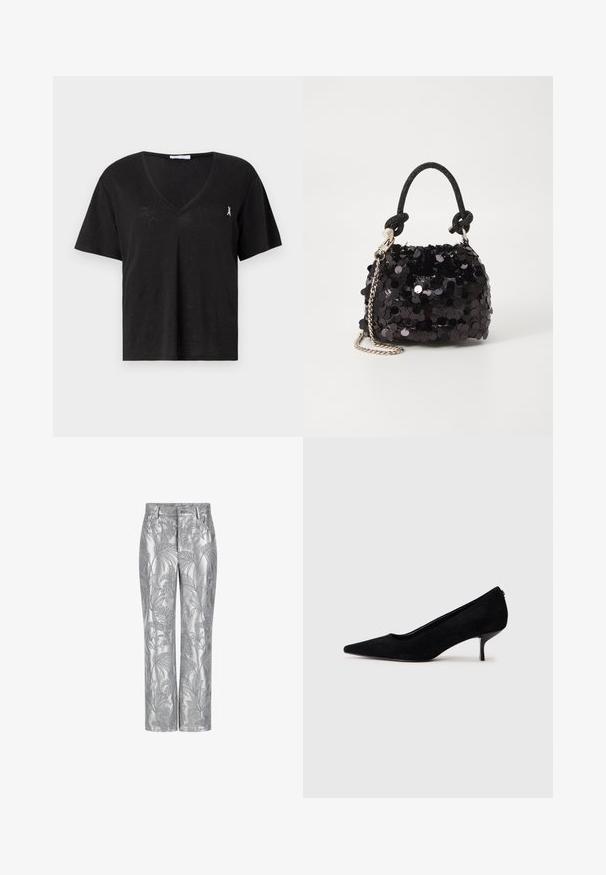 Must mustaheline T-särk, millel on V-kaelus. Valmistatud pehmest kangast, väikese tikandiga detailiga rinnal. Kerge tekstuur.; Hõbedaste tikanditega püksid, millel on lehe muster, sirge sääre disain ja sile, läikiv tekstuur. Funktsionaalsed taskud ja nööpkinnitus.; Must musta kõrge kontsaga king, millel on terav varvas ja õhuke, madal konts. Sile tekstuur ja sujuv disain, ilma nähtava riistvarata.; Must have mustrõngus mustal sädelev mini käekotil on sõlme tekstuuriga rihm ja hõbedane ketis. Ümar kuju, kokku kogutud ülaosa ja peegeldav detail.