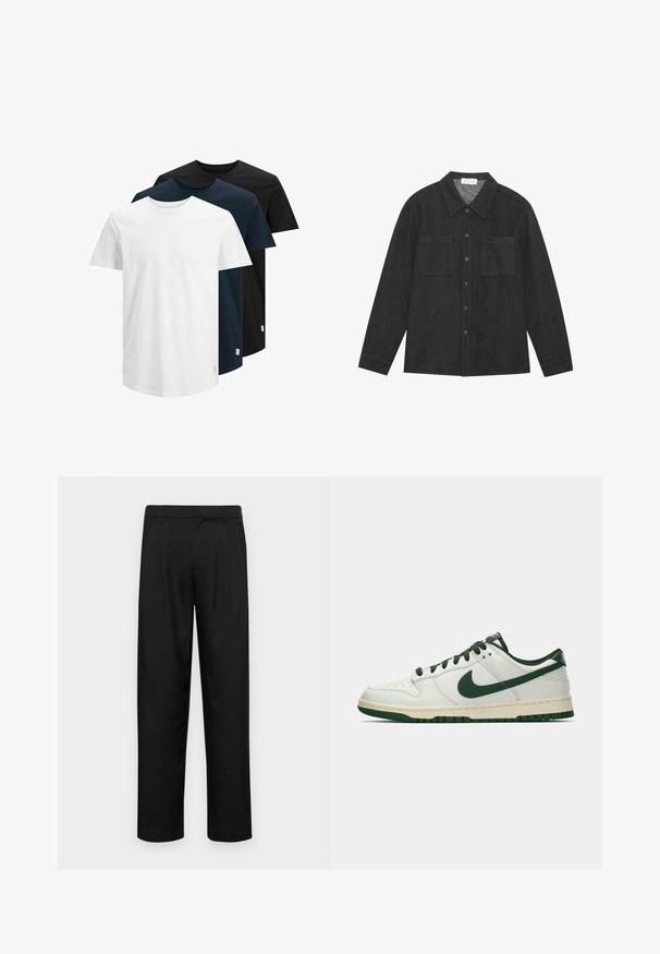 Tri kratka rukava majice u bijeloj, tamnoplavoj i crnoj boji. Napravljene od pamuka, s okruglim izrezom i ravnim rubom. Jednostavan dizajn, bez uzoraka.; Tamno siva košulja od teksturirane tkanine, s oštrim kragnom, dugim rukavima i zakopčavanjem sprijeda, te dva džepa na prsima. Rukavi su dugi i završavaju s dugmadima.; Crne hlače od glatkog materijala, s dizajnom ravnih nogavica, dva prednja nabora i standardnim pojasom s petljama za remen.; Bjele tenisice niskog profila s tamnozelenim Nike swooshom, vezicama i naglascima na đonu, prikazane u profilu na jednostavnoj bijeloj pozadini.