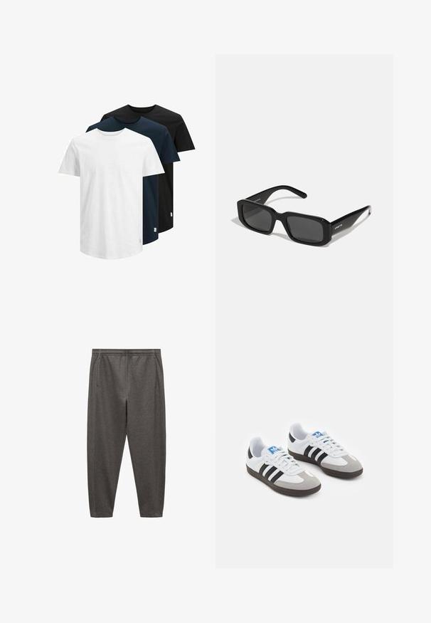 Drie T-shirts met korte mouwen in wit, donker marineblauw en zwart. Gemaakt van katoen, met een ronde hals en rechte zoom. Eenvoudig ontwerp, geen patronen.; Grijze joggings met een zachte stof, voorzien van een elastische tailleband, zijzakken en een taps toelopend ontwerp.; Sportschoenen met een witte leren bovenkant, grijze suède neus en drie zwarte strepen. Bevat een blauw logo op de tong en een gestructureerde rubberen zool.; Arnette THEKIDD UNISEX - Zonnebril - black