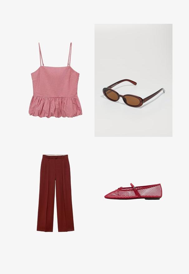 Červená a biela károvaná tielko s tenkými ramienkami, priliehavým telom a volánovým lemom. Vyrobené z ľahkej látky.; Široké nohavice v hlbokej červenej farbe, s vysokým pásom, záhybmi vpredu a hladkým, textúrovaným materiálom.; Červené sieťové baleríny s špicatou špičkou, ktoré majú tenký remienok a detail s prackou. Zvršok má otvorený, včelí plástový vzor.; Okrúhle slnečné okuliare s hnedým nádychom a lesklým burgundským rámom. Úzke ramená s jemným brandovaním. Plochej šošovky dizajn.