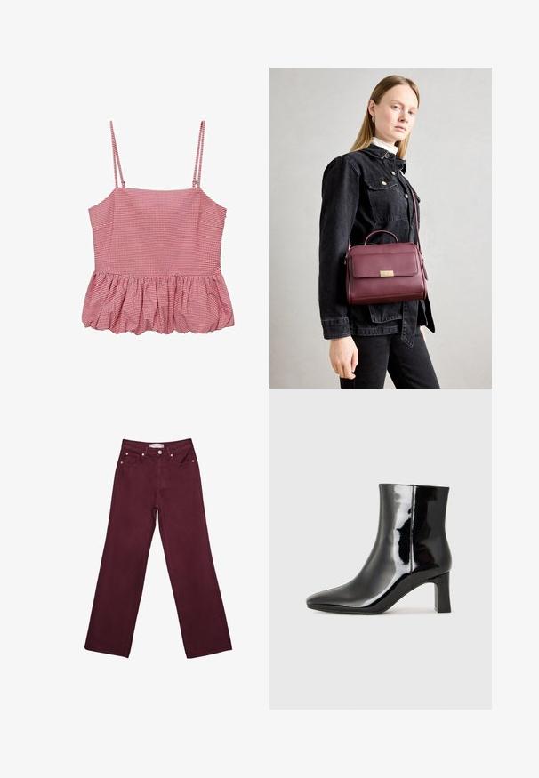 Rood-wit geruit cami-topje met dunne schouderbandjes, een aansluitend lijfje en een gerimpelde zoom. Gemaakt van lichte stof.; Bordeaux hoge taille jeans met een rechte pijpdesign, voorzien van voorzakken, een knoopsluiting en accenten in koperkleurig beslag.; Zwarte gepolijste leren enkellaars met een spitse neus en een blokhak van gemiddelde hoogte. Glad textuur en minimalistisch ontwerp.; Bordeaux leren handtas met gouden sluiting, gestructureerde vorm, bovenhandvat en verstelbare schouderband. Model draagt een spijkerjack.