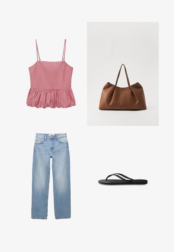 Červená a biela károvaná tielko s tenkými ramienkami, priliehavým telom a volánovým lemom. Vyrobené z ľahkej látky.; Svetlomodré džínsy s rovnými nohavicami, päť vrecovými detailmi a viditeľným šitím. Tkanina má mäkkú, jemne vyblednutú textúru.; Čierne žabky s textúrovanou gumovou podrážkou, dvoma štíhlymi popruhmi a diskrétnym embosovaným logom na popruhu.; Hnedá kožená taška na rameno so soft a zakriveným dizajnom, s plisovanou textúrou a dvoma pevnýmú rukoväťami. Minimalistické prešívanie ako akcent.