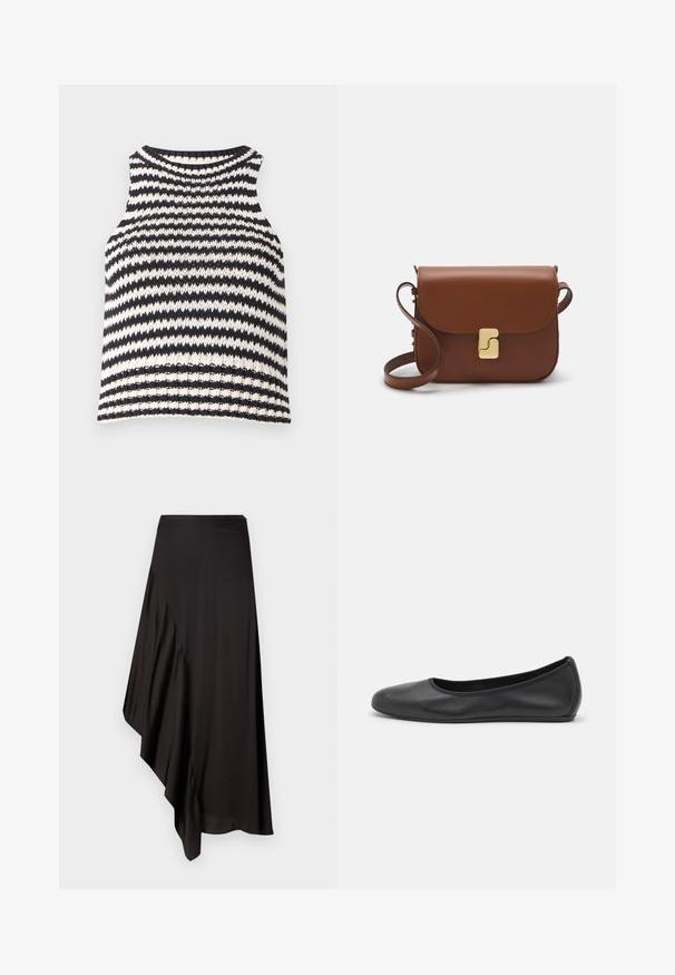 Černobílé pruhované top, bez rukávů, s kulatým výstřihem a strukturovanou pleteninou s žebrovaným lemem.; AERON ASTER SKIRT - Pouzdrová sukně - black; Černé kožené baletní byty s kulatou špičkou, hladkou texturou, minimálními švy a flexibilním designem podrážky.; Hnědá kožená kabelka s klopou, zlatými kovovými detaily, ramenním popruhem a hladkým povrchem. Kompaktní obdélníkový tvar.