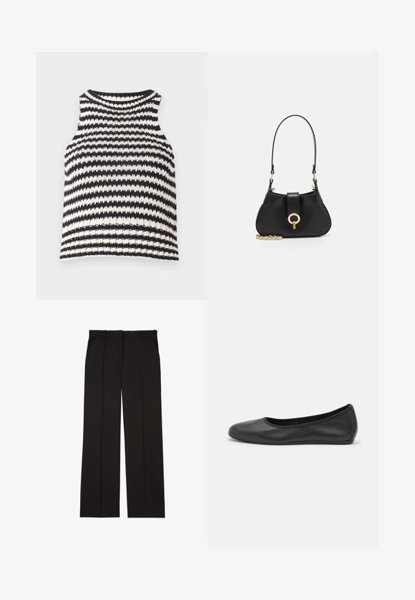 Top fără mâneci, cu dungi alb-negru, având un decolteu rotund și un material tricotat texturat cu tiv ribbit.; Pantaloni negri, croiți, confecționați dintr-un material neted, cu un design drept și două buzunare laterale. Construcție elegantă și minimalistă.; Balerini din piele neagră, cu vârf rotund, textură netedă, detalii de cusătură minimale și un design al tălpii flexibil.; sandro JANET - Geantă de mână - noir