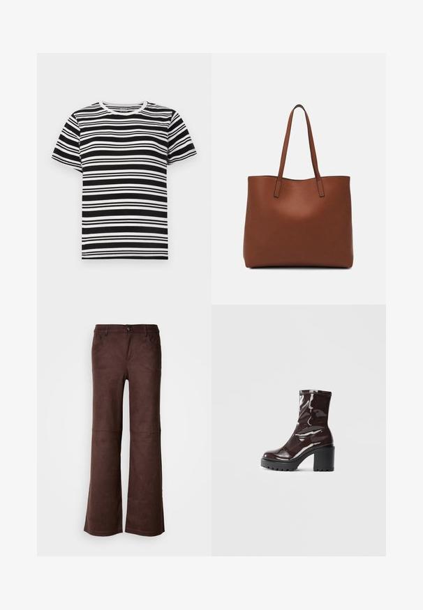 Tricou scurt cu mânecă, alb-negru, cu dungi orizontale de lățimi variate și un guler clasic rotund. Material din bumbac moale.; Pantaloni maro evazați dintr-un material moale, asemănător cu suedeul. Prezintă patru buzunare, o închidere cu nasture și o suprafață netedă, texturată.; Botine lucioase burgundy, cu toc gros negru, având o textură netedă și un design simplu. Fără închideri sau modele vizibile.; Geantă de umăr din piele maro cu o textură netedă, design cu vârf deschis și două curele pentru umăr. Prezintă cusături minime și fără componente metalice vizibile.