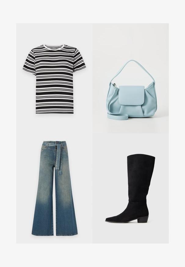 Svart og hvit kortermet t-skjorte med horisontale striper i varierende bredder og en klassisk rund hals. Myk bomullsstoff.; Bredde ben jeans med en lyseblå til mørkeblå gradient, høyt liv, beltehemper og et matchende belte i samme stoff. Teksturert denimoverflate.; Svart semsket knelang støvel med lav blokkheel og spiss tå, vist i sidevisning på en enkel lys grå bakgrunn.; Lys blå lærveske med topphåndtak, frontlomme med klaff og avtagbar håndleddsstropp på hvit bakgrunn.