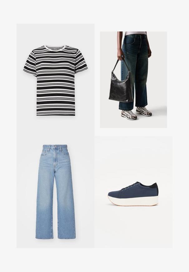 Schwarz-weißes T-Shirt mit kurzen Ärmeln, das horizontale Streifen in unterschiedlichen Breiten und einen klassischen Rundhalsausschnitt aufweist. Aus weichem Baumwollstoff.; Hellblaue High-Waist-Weite-Leg-Jeans mit Knopf- und Reißverschluss vorne, Vorder- und Rückentaschen, auf weißem Hintergrund.; Dunkelblaue Sneaker mit einem strukturierten Obermaterial, weißer Plattformsohle, runder Zehenpartie und schwarzem Fersenakzent. Verfügt über sechs Ösen für die Schnürsenkel.; Schwarze Leder-Schultertasche mit glatter Textur und verstellbarem Riemen, kombiniert mit ausgewaschenen weit geschnittenen Jeans und sportlichen Sneakern.