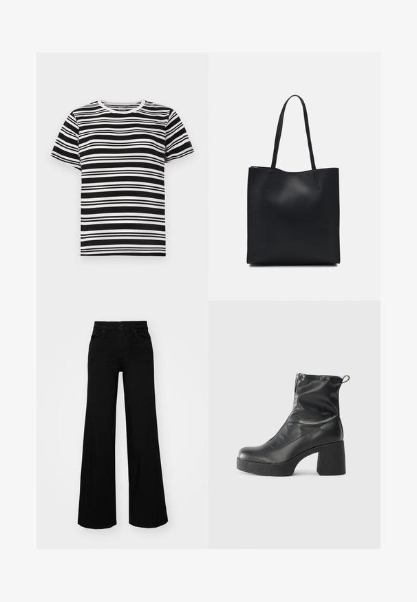 Camiseta de manga corta en blanco y negro con rayas horizontales de diferentes anchos y un clásico cuello redondo. Tejido de algodón suave.; Pantalones de mezclilla de pierna ancha y color negro, con una cinturilla estructurada, pasadores para cinturón y bolsillos frontales. Textura suave con un diseño clásico.; Botines negros de tobillo, hechos de cuero suave, con cierre lateral, tacón grueso texturizado y diseño de punta redondeada.; Bolso tote de cuero negro con textura lisa, forma rectangular y dos asas largas. Sin herrajes ni adornos visibles.