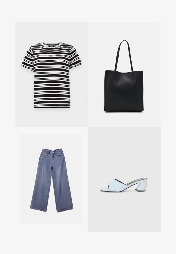 T-shirt noir et blanc à manches courtes avec des rayures horizontales de largeurs variées et un col rond classique. Tissu en coton doux.; Jean en denim à jambes larges, de couleur bleu clair, avec une taille haute, des poches avant et une fermeture à boutons avec passants de ceinture.; Mules à talons ouverts bleu clair avec un design géométrique, dotés d'une large bride sur le pied et d'un talon épais et angulaire.; Sac fourre-tout en cuir noir avec une texture lisse, de forme rectangulaire et deux longues poignées. Pas de matériel ou d'ornementations visibles.