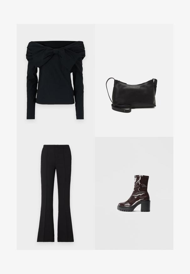 Must musta õlavarrelt avatud top pikkade varrukatega, millel on suur silhouett kaeluses ja sile, tekstuuriga kangas.; Mustad flared püksid siledast kangast, millel on sobiv talje, esisedetailid ja kerge flare, mis algab põlvest.; Klakav läikiv burgundi värvi pahkluu saabas, millel on paks must konts, sile tekstuur ja lihtne disain. Nähtavad kinnitused või mustrid puuduvad.; Mustmust nahk õlakotil on sile tekstuur, kumer kuju, reguleeritav rihm ja lukuga sulgemine. Minimalistlik disain ilma kaunistusteta.