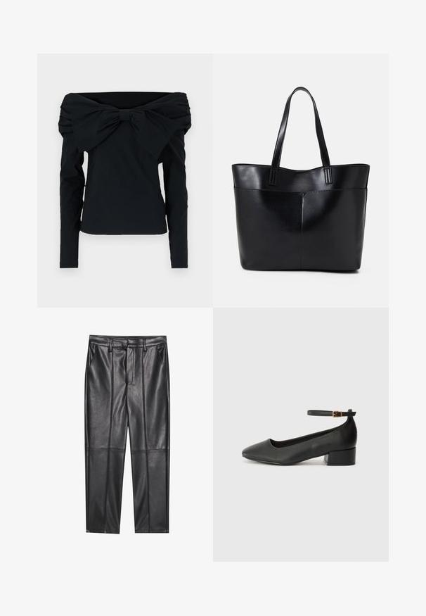 Schwarzes Off-Shoulder-Oberteil mit langen Ärmeln, das ein großes Schleifendetail am Ausschnitt und einen glatten, strukturierten Stoff aufweist.; Schwarze Lederhosen mit glatter Textur, gerader Passform, zwei Fronttaschen und sichtbaren Nahtdetails.; Schwarze Lederpumps mit spitzem Zehenbereich und niedrigem Blockabsatz. Mit einem Knöchelriemen und einer goldfarbenen Schnalle. Glatte Textur.; Schwarze Leder-Shopper-Tasche mit zwei langen Griffen, einer glatten Textur und einer strukturierten Form. Verfügt über eine Vordertasche für zusätzlichen Stauraum.