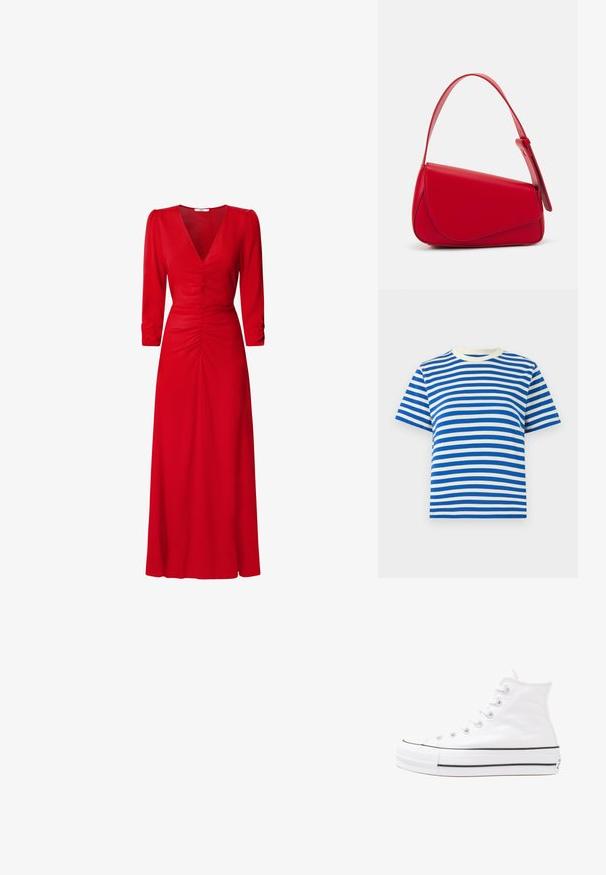 T-maica plave i bijele pruge, kratki rukavi, okrugli izrez, izrađena od pamuka, s ravnim horizontalnim prugama i mekim teksturom.; Crvena haljina s V-izrezom, rukavima do tri četvrtine i nabranim detaljima u struku i na leđima. Tkanina izgleda glatko i lagano.; Bijela visoka platnena tenisica s crnom gumenom potplatom, prednjim gumenim zaštitnikom prstiju i šest rupa za vezanje, s čistim, minimalističkim dizajnom.; Crvena kožna torba s kutnim, geometrijskim dizajnom. Ima jedan podesivi remen i preklopni zatvarač sa šivenim detaljima.