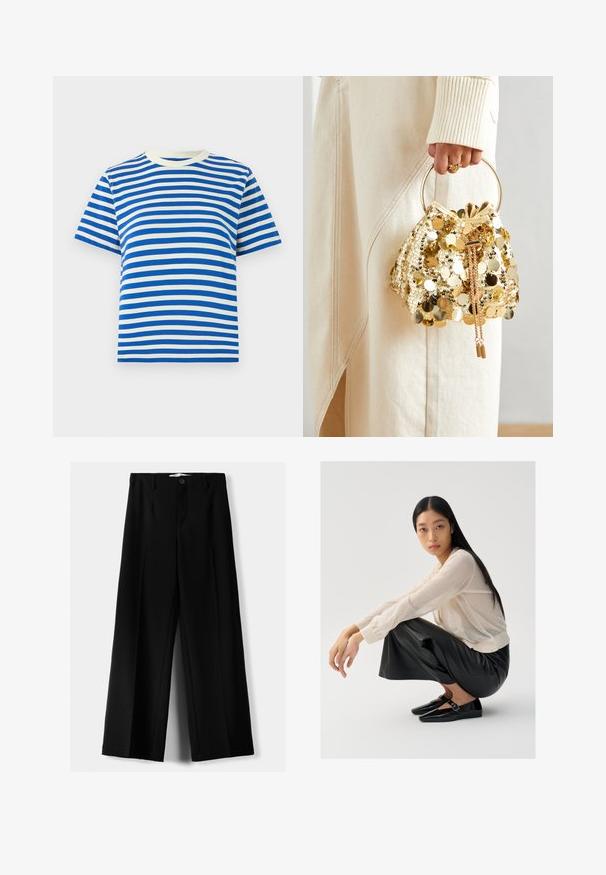Blue and white striped t-shirt, short sleeves, round neck, made of cotton, featuring even horizontal stripes and a soft texture.; Black wide-leg trousers made of lightweight fabric, featuring a front button closure and flat front, with neatly stitched hems.; Light beige sheer sweater with puffed sleeves, paired with black leather wide-leg pants and glossy black shoes with a strap detail.; Gold sequin drawstring handbag with a circular handle, featuring shiny round sequins and a textured fabric. Dimensions are not provided.